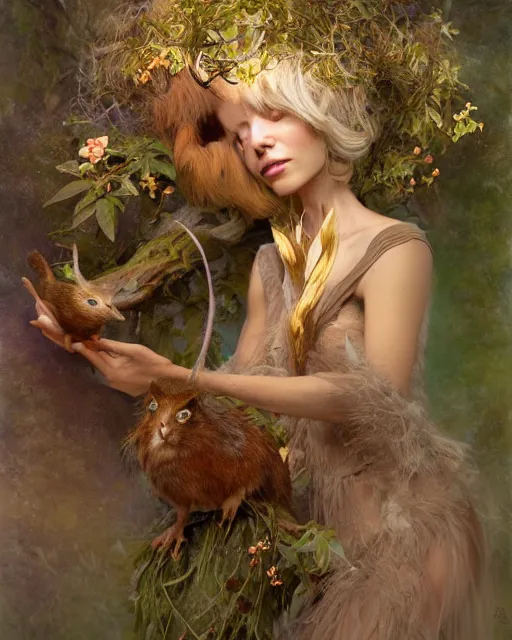 Prompt: dryad musician, portrait, accompanied by a feathered mouse, studio lighting by jessica rossier and brian froud and gaston bussiere