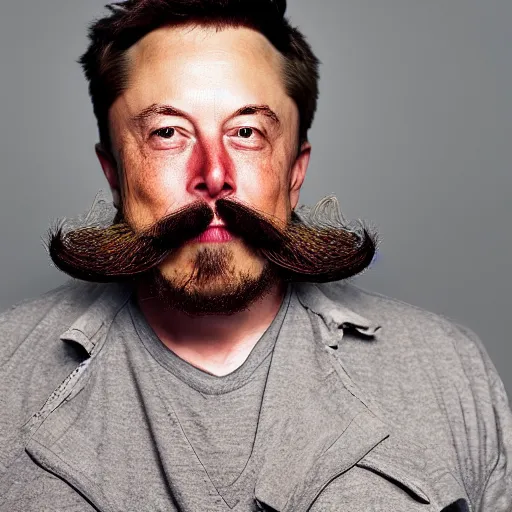 Image similar to elon musk with long mustache and epic beard, 5 0 mm, studio lighting