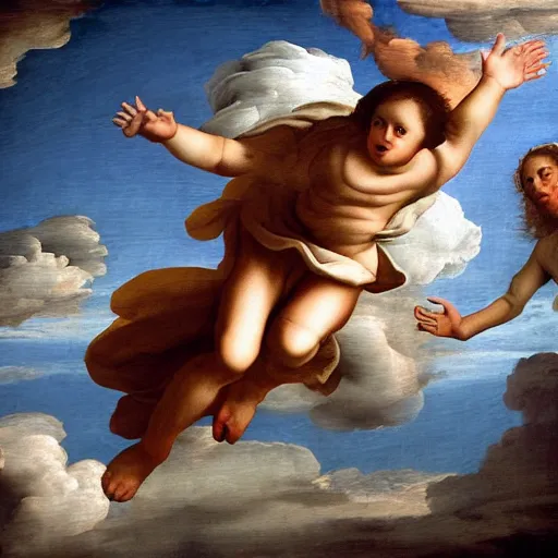 Image similar to running and falling on clouds, 4k, post-processing, detailed, Renaissance painting