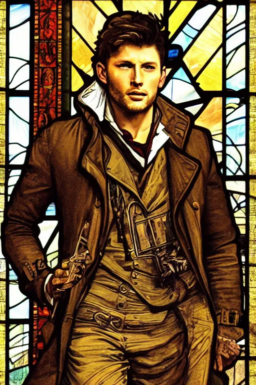 Prompt: a detailed stained glass window of jensen ackles in a supernatural sherlock holmes story, 1 8 th century london in the rain, city streets, ominous, masterpiece, 8 k, art by alphonse mucha and greg rutkowski