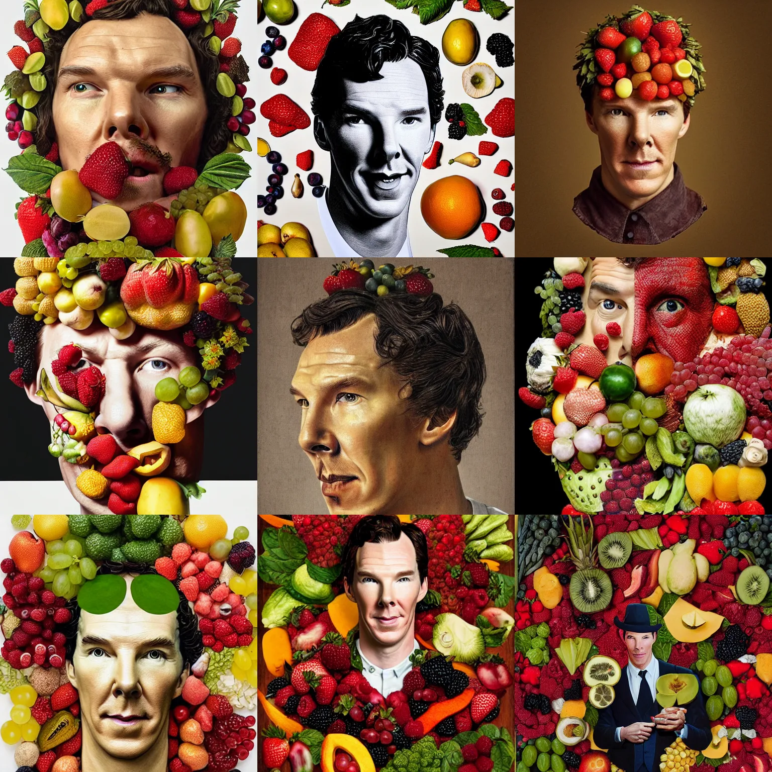 Prompt: a portrait of benedict cumberbatch made with fruits, by giuseppe arcimboldo