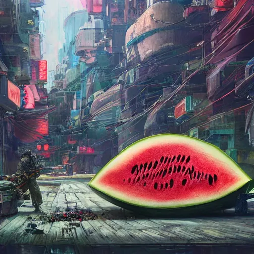 Prompt: Concept Digital Art Highly detailed Giant Watermelon war machine protecting Beautiful Ukrainian village by Taras Shevchenko By Stephen Hickman and Beeple. Very highly detailed 8K,Pentax 67, Kodak Portra 400 in style of Hiromasa Ogura Ghost in the Shell, the golden ratio, rational painting