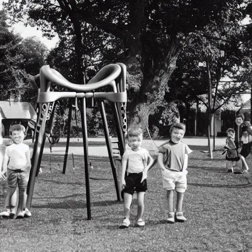 Prompt: vintage black and white photograph of children at a playground with giant war-mech