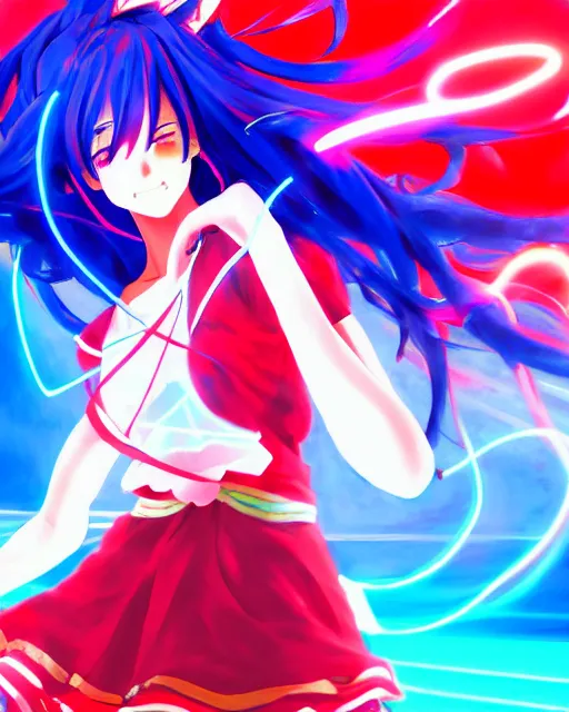 Image similar to anime style, vivid, expressive, full body, 4 k, painting, a cute magical girl idol with a long wavy hair wearing a dress fighting monsters, blue and red, balance, correct proportions, stunning, realistic light and shadow effects, neon lights, studio ghibly makoto shinkai yuji yamaguchi