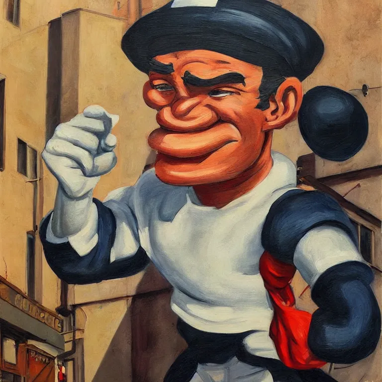 Image similar to Street-art portrait of Popeye the Sailor in style Edward Hopper, photorealism