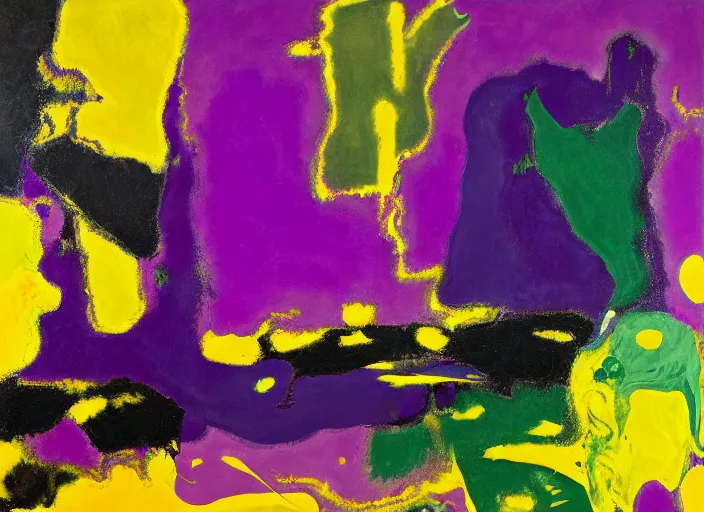 Prompt: abstract painting with beautiful shapes in purple, yellow, dark green, by hernan bas and pat steir and hilma af klint, psychological, photorealistic, dripping paint, washy brush, oil on canvas, rendered in octane, altermodern, masterpiece