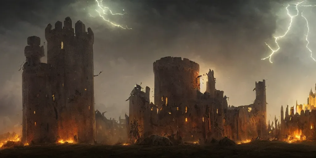 Prompt: outside view of a medieval castle being attacked by orcs, night sky, volumetric shadow, thunderstorm, painted by greg rutkowski, fire, ruins, smoke, extremely detailed, semirealism, artstation, octane render, sharpness, 8 k, golden ratio