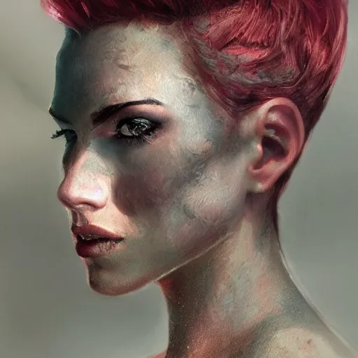 Image similar to portrait of a young woman with short pink spiky hair and dark eyes, intricate, elegant, highly detailed, digital painting, artstation, concept art, sharp focus, illustration, art by aleksi briclot, rutkowski