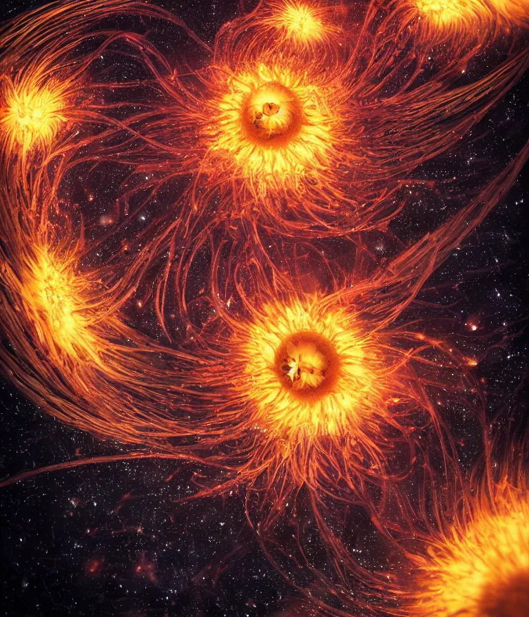 Image similar to impressive ominous cinematic fine photo of a spiraling exploding sun launching flowers across the starry night sky, strange bouquets, lighting impressive masterpiece hyper ultra detailed intricate sharp focus 8 k realistic illustration canon eos r 3 fujifilm x - t 3 0 sony alpha, artgerm colorful!!!, trending on artstation behance cgsociety, octane render nvidia raytracing demo