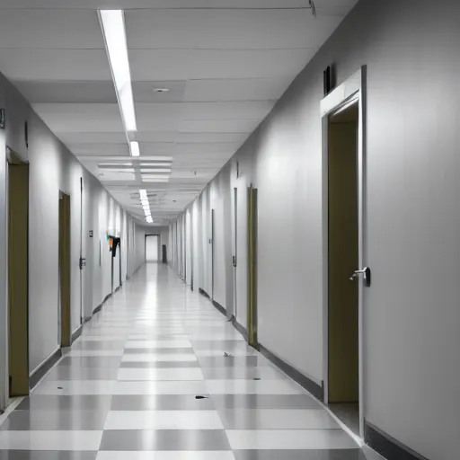 Prompt: liminal space of a hospital, long hallway, exit sign at the end, white walls, white tiles