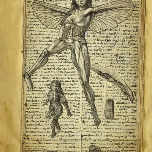 Prompt: page of an old anatomy book of fantastic creatures like leprechauns, fairies, dwarves and other, depicting the anatomy of a female magical fairy with golden green wings, long hair and elven features, old parchment