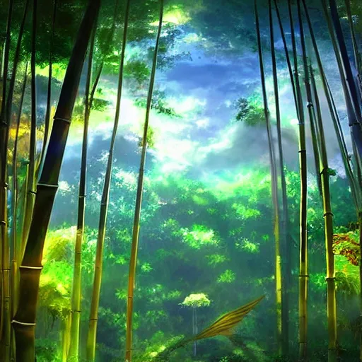 Image similar to a heavenly dream view from the interior of my cozy bamboo forest dream world filled with color from a Makoto Shinkai oil on canvas inspired pixiv dreamy scenery art majestic fantasy scenery fantasy pixiv scenery art inspired by magical fantasy exterior illumination of awe and wonder