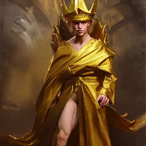 Prompt: hyperrealist portrait of an androgynous demon wearing silk robes and a golden crown. by daniel f. gerhartz, fantasy art, photo realistic, dynamic lighting