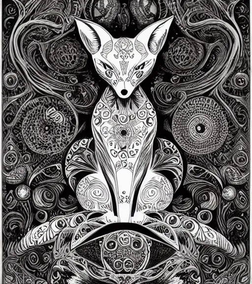 Prompt: ornate fox design pattern illustration design by joe fenton, monochrome using graphite, ink and acrylics on paper