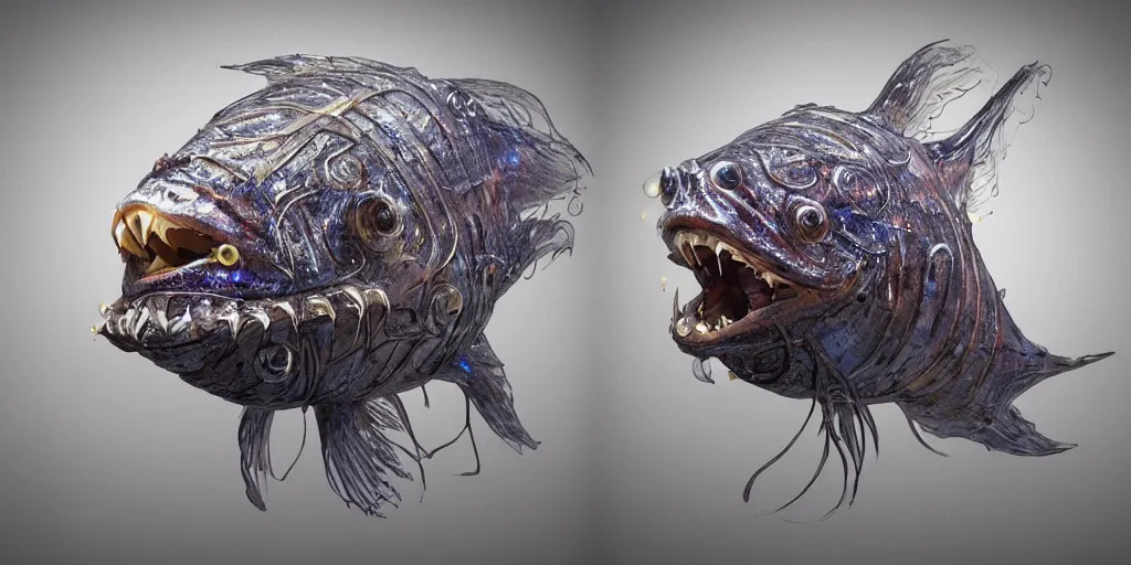 Image similar to angler fish sculpture, stylized layered shapes, bioluminescent orbs, diffuse lighting, fantasy, intricate, elegant, highly detailed, lifelike, photorealistic, digital painting, artstation, illustration, concept art, smooth, sharp focus, art by h r giger