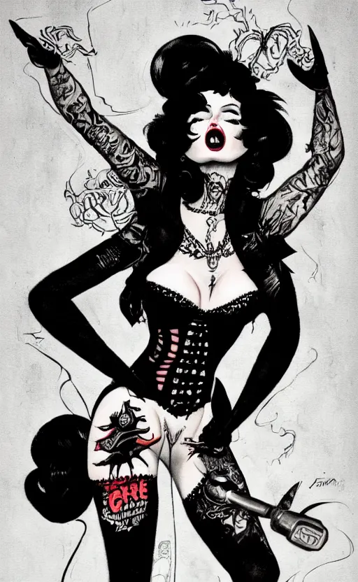 Prompt: of a goth girl burlesque psychobilly, rockabilly, punk, black hair, detailed face, white background, drawing, zoomed out, full body, illustration by frank frazetta