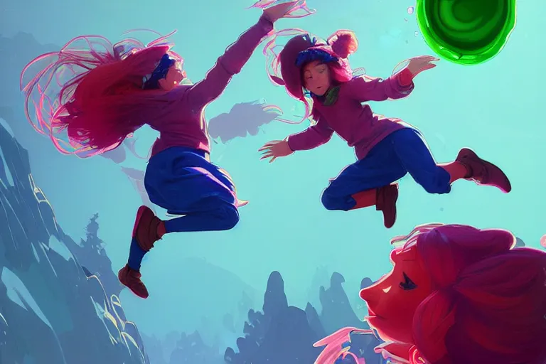 Image similar to madeline from celeste jumping to a green jelly bubble, ( ( ( blue bubble jacket ) ) ) ( ( ( red long hair ) ) ), highly detailed, digital painting, artstation, concept art, sharp focus, illustration, art by greg rutkowski and alphonse mucha