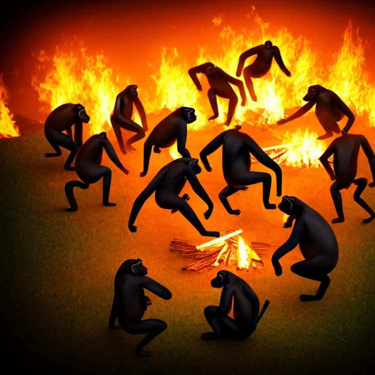 Image similar to real life 1 2 chimpanzees dancing in circle, bonfire in center, a jungle, cinematic, volumetric lighting, vivid colours, long evil shadows, f 8 aperture, cinematic eastman 5 3 8 4 film, photorealistic