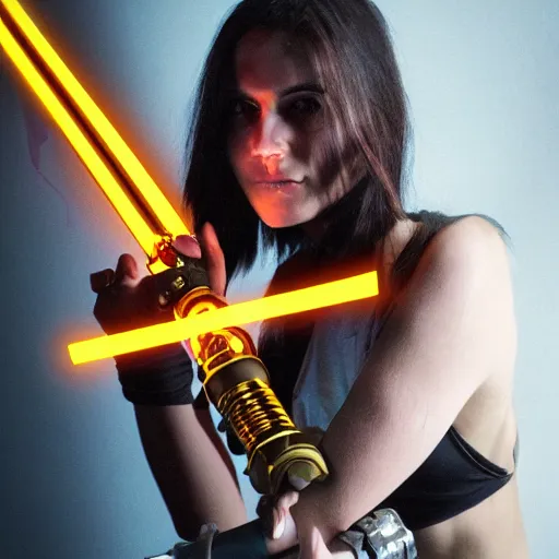 Prompt: cyberpunk woman wields massive golden glowing lightsaber soulsword