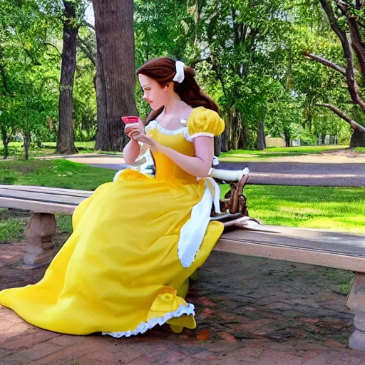 Prompt: Belle from Disney's Beauty and the Beast playing with an iPhone while sitting on a bench in a park. She has on a white summer dress with yellow accents and a blue ribbon in her hair.