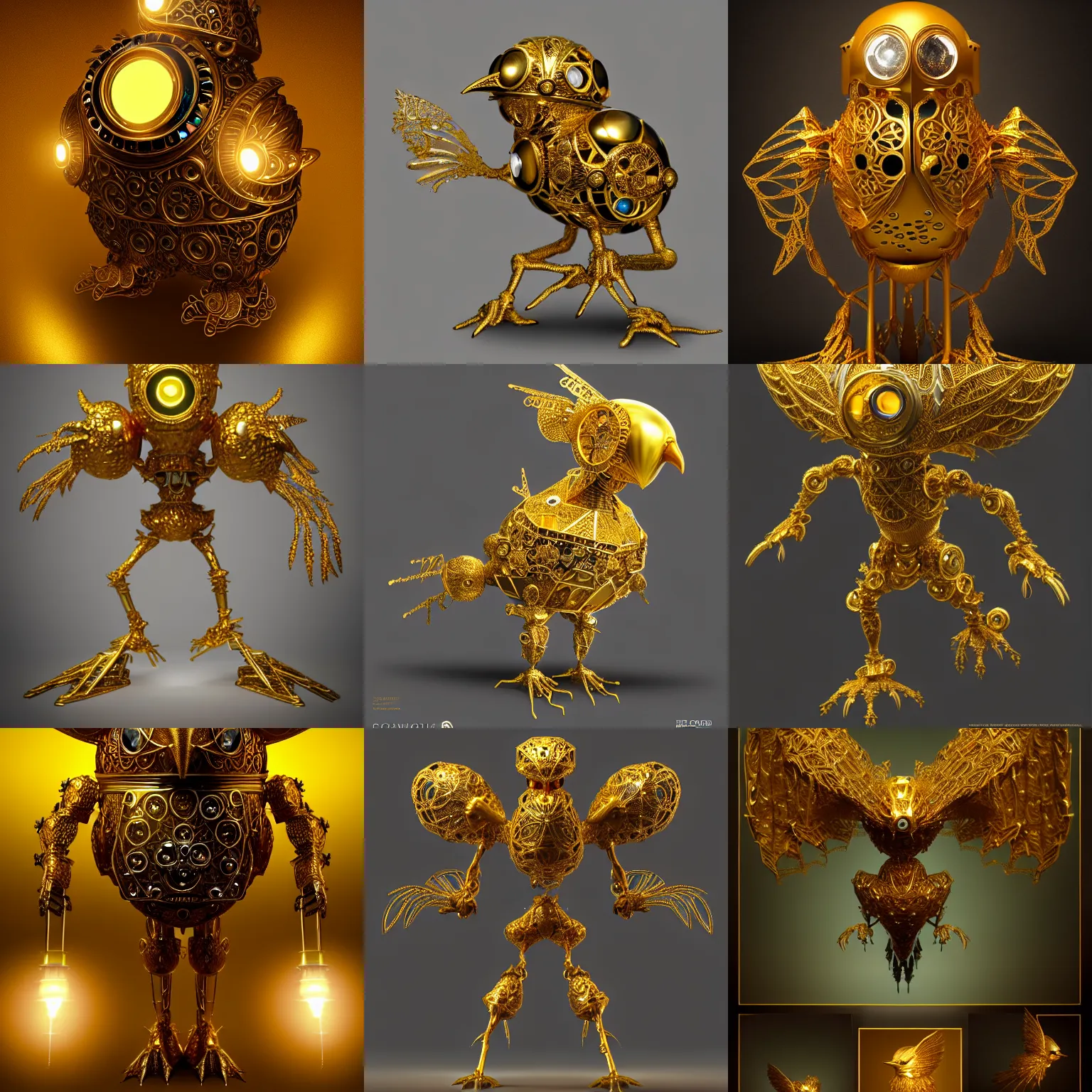 Prompt: hollow gold filigree bird golem, with a bright gem inside it. visible clockwork, bright internal light, flying, detailed 8 k, craig j spearing, fantasy, award - winning photography trending on artstation, cgsociety, deviantart