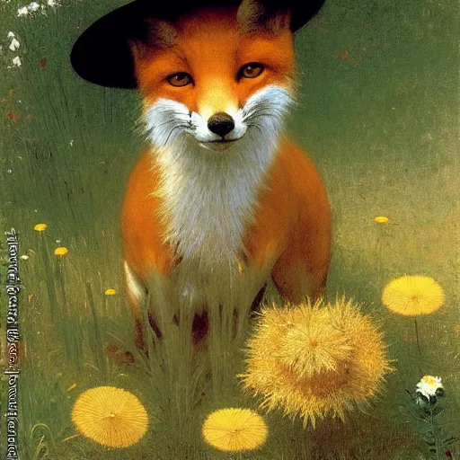 Prompt: A portrait of a fox in a straw hat surrounded by dandelions, by William-Adolph Bouguereau, Robert Cleminson, Carl Friedrich Deiker