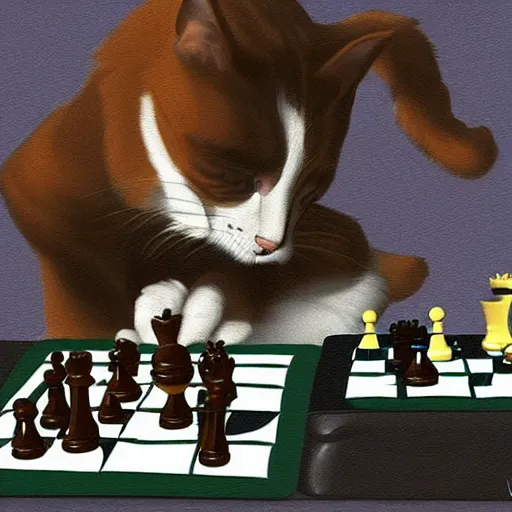 Prompt: a cat is playing the chess with a dog, digital art