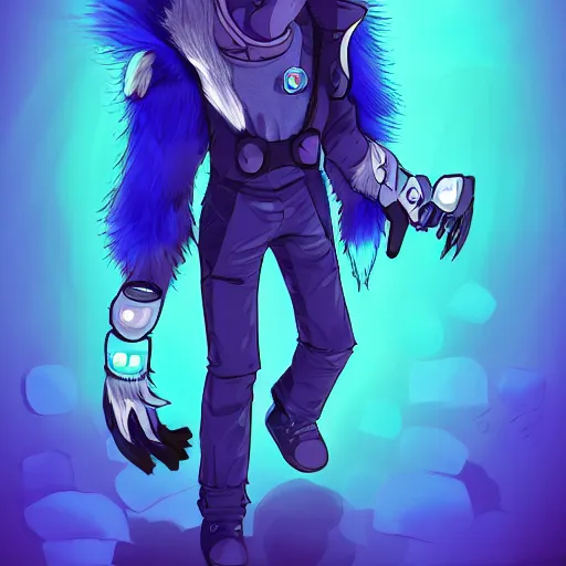 Prompt: an anthro anthropomorphic furry fursona hybrid of a blue german shepherd and a blue fox, with blue fur and blue eyes in a cyberpunk outfit, walking in cyberpunk neon streets, award winning digital art, trending on furaffinity, artstation, pixiv