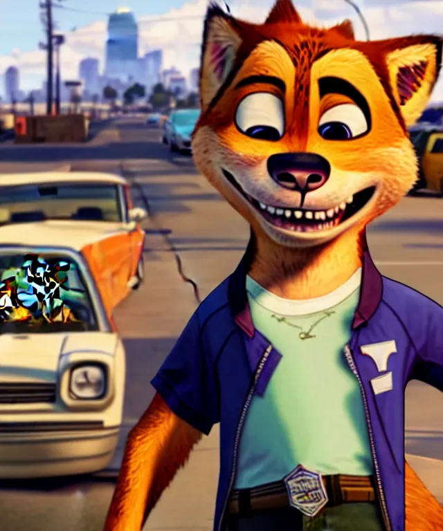 Image similar to Grand Theft Auto: San Andreas loading screen featuring Nick Wilde (from Zootopia)