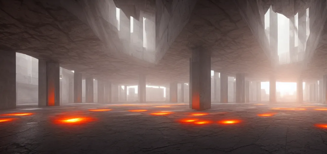 Prompt: dramatic view of empty brutalist underground structure, giant towering pillars, heavy glowing orange fog, unreal engine, dramatic lighting, detailed, ambient occlusion, global illumination, god rays, 3 d artstation render by greg rutowski and jessica rossier