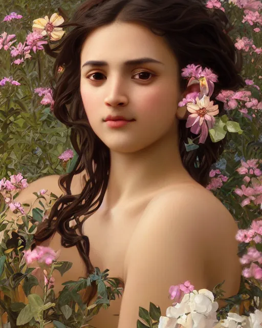 Image similar to 3 / 4 portrait, young male spring god, brown skin, long dark hair, flower dress, beautiful, flowers, detailed field background, elaborate jewelry, artstation, ilya kuvshinov, alphonse mucha, william bouguereau, rossdraws, greg rutkowski, super detailed, illustration, realistic, octane render, sharp focus, cinematic, 8 k