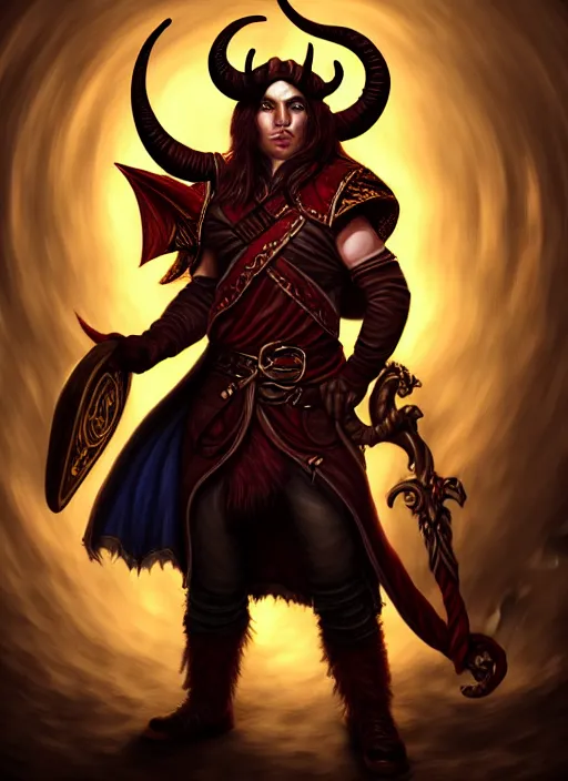 Image similar to tiefling bard, full body, hyper realistic, extremely detailed, dnd character art portrait, dark fantasy art, intricate fantasy painting, dramatic lighting, vivid colors, deviantart, artstation, by jeff easley.