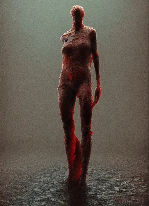 Image similar to woman inspired by zdzislaw beksinski, lake, clothes made out of veins, rgb, cables everywhere, bedroom, ultra realistic, concept art, intricate details, highly detailed, photorealistic, octane render, 8 k