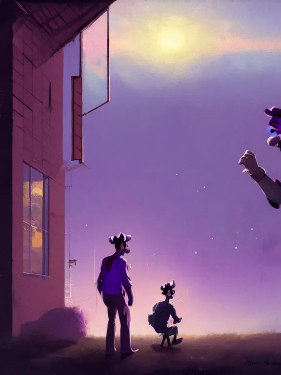 Image similar to A movie still portrait of Waluigi outside wearing purple suspenders staring out the window while Mario delivers his food on a tray while wearing a Red suspenders outfit. Sunlight from the morning foreground sky by ismail inceoglu, craig mullins, can basdogan, frank frazetta, mike franchina, ariel perez, bar tosz domiczek, iain mccaig, Breath of the wild, studio ghibli