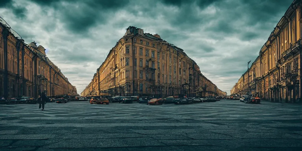 Image similar to cinematic street shot of a flying laputa city, saint petersburg, telephoto, anamorphic cinematography, beautiful composition, color theory, leading lines, photorealistic, moody volumetric lighting