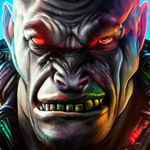 Prompt: portrait of a male orc in cyberpunk style, fantasy, vivid colors, fantasy, elegant, concept art, sharp focus, digital painting, hyper-realistic, hyperrealism, photorealistic, 8k, unreal engine 5, highly detailed, ultrahd octane render, dramatic lighting, trending on artstation, hyperdetailed masterpiece