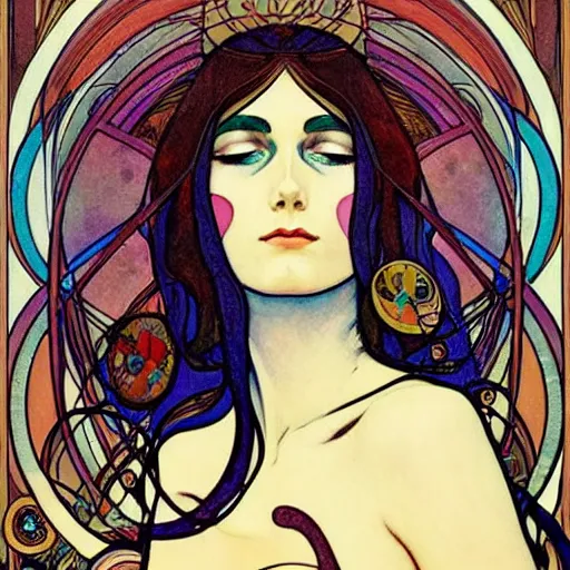 Image similar to The Goddess of Art, beautiful eyes, symmetrical face, paint, ink, palettes, spectrum, in the style of Joshua Middleton, Mucha, Kandinsky