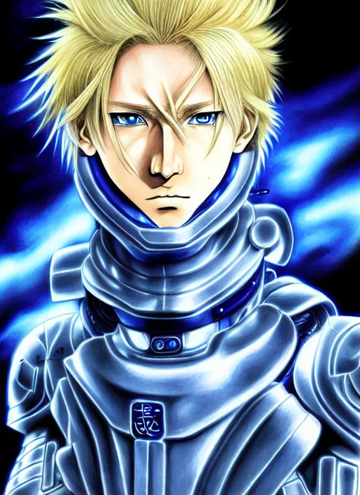 Prompt: a detailed manga full body portrait illustration of a man with long blonde hair and blue eyes wearing a sci - fi battle suit by hirohiko araki, detailed artwork, realism, 4 k resolution, detailed, high quality, sharp focus, hq artwork, insane detail, volumetric lighting, character concept art, fine details, clear subject, central subject