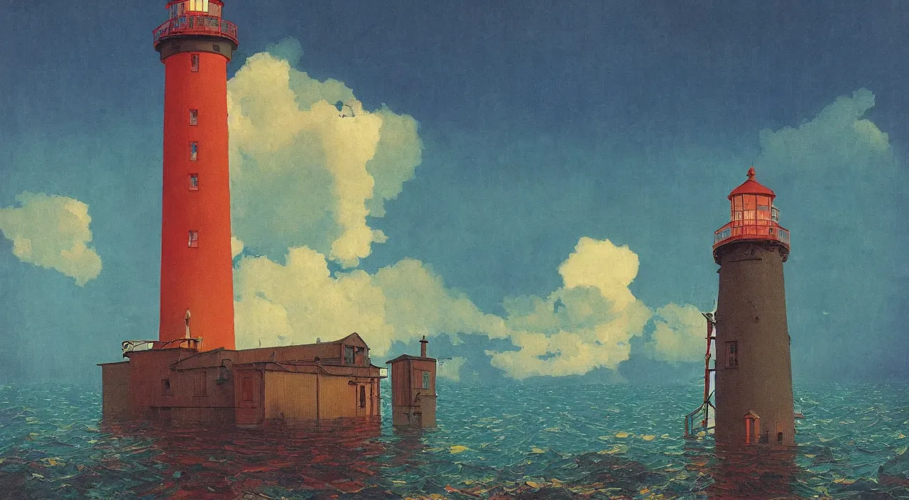 Image similar to single flooded! wooden ancient lighthouse, very coherent and colorful high contrast!! masterpiece by rene magritte simon stalenhag carl spitzweg syd mead norman rockwell edward hopper james gilleard, dark shadows, sunny day, hard lighting