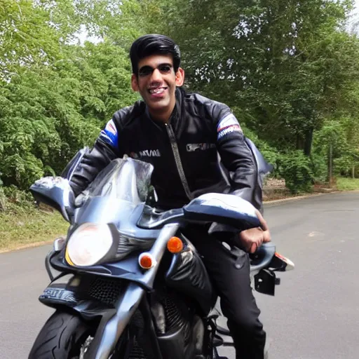 Prompt: photo of rishi sunak on a motorcycle smiling but angry
