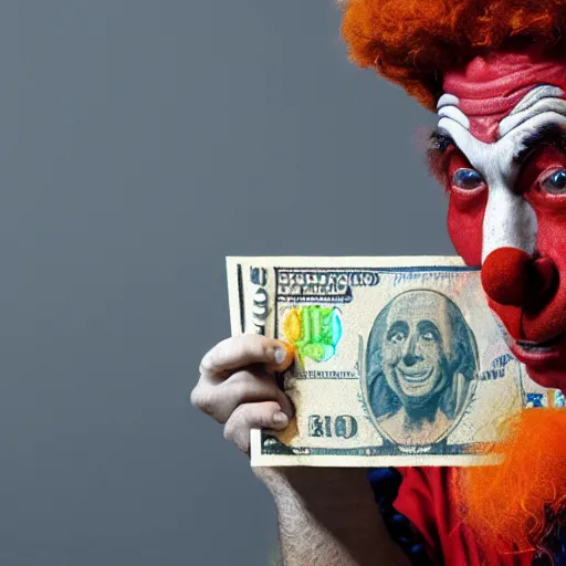 Prompt: A clown holding a dollar banknote, background is a slum, artstation, cgsociety, masterpiece, highly-detailed, inspiring, cinematic, epic