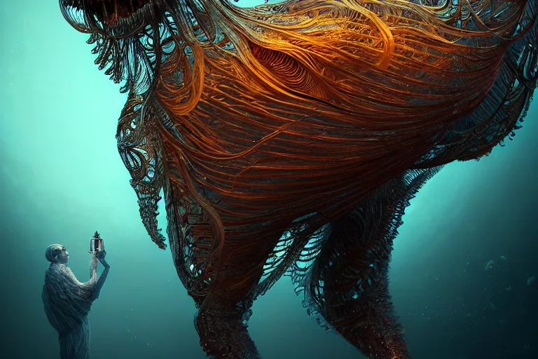 Image similar to creature in a alaska, water reflection, backlit, warm tones, bioluminescent bioluminescent translucent translucent : : by michal karcz, daniel merriam, victo ngai and guillermo del toro : : ornate, dynamic, particulate, intricate, elegant, highly detailed, centered, artstation, smooth, sharp focus, octane render, 3 d