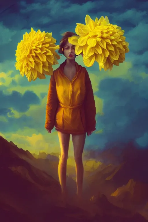 Image similar to closeup girl with huge yellow dahlia flower face, intricate, standing on mountain, surreal photography, blue storm clouds, dramatic light, impressionist painting, digital painting, artstation, simon stalenhag