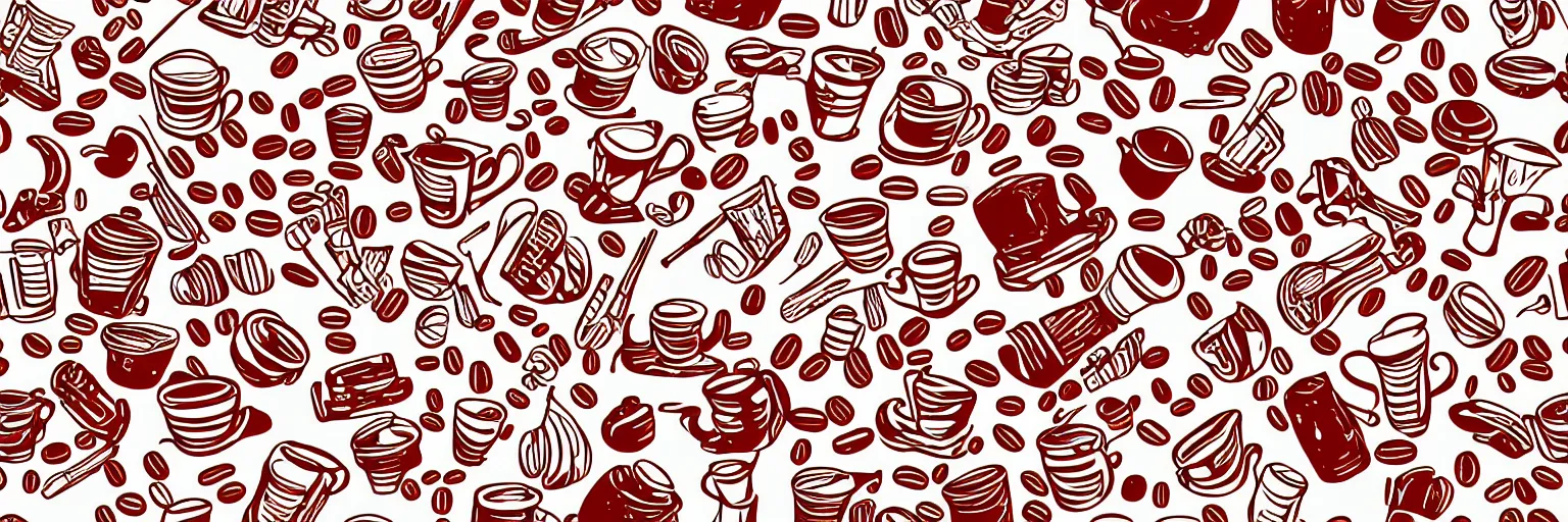 Prompt: seamless pattern, coffee and musical instrument, vector, line art, red and white,