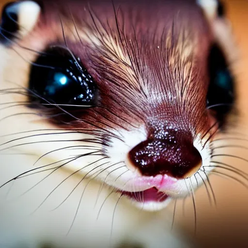 Prompt: Close up of a crying ferret, photo realistic, dramatic lighting, Nat Geo award winner, macro lens, bokeh