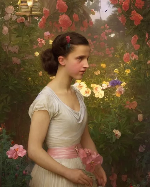 Image similar to a well - lit portrait painting of a shy, blushing 1 6 - year old alicia vikander or millie bobby brown as a ballerina in her flower garden with lanterns at night, intricate, elegant, highly detailed, artstation, concept art, by krenz cushart and donato giancola and william adolph bouguereau and alphonse mucha