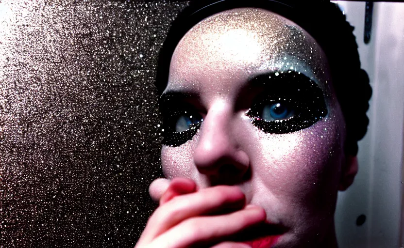 Image similar to cinestill 5 0 d candid photographic portrait by stanley kubrick of a feminine man wearing rugged black techwear and glitter makeup looking in the bathroom mirror, cramped new york apartment, medium closeup, retrofuturism cyberpunk emotional cinematic, light and shadows, 8 k, hd, high resolution, 3 5 mm, f / 3 2, ultra realistic faces