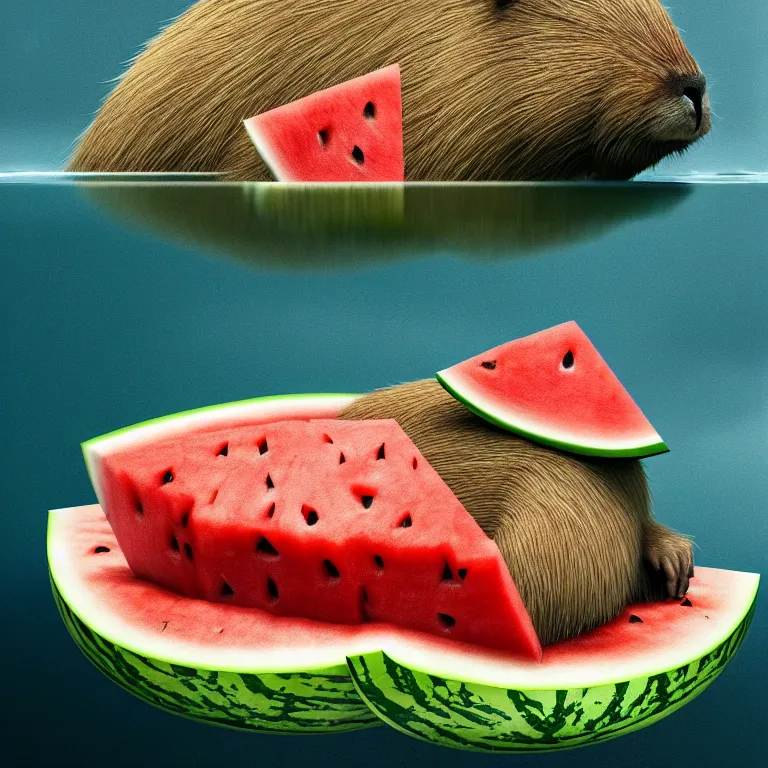 Prompt: a capybara floating in the oceon resting its head on a watermelon cut in half, octane render, trending on artstation, greg rutkowski very coherent symmetrical artwork. cinematic, hyper realism, high detail, octane render, 8 k