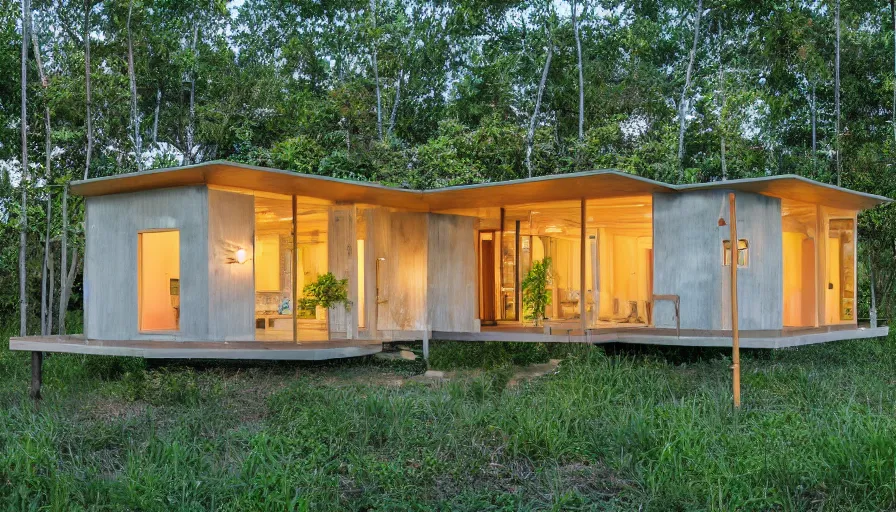 Image similar to A wide image of an eco-community neighborhood of innovative contemporary 3D printed prefab sea ranch style cabins with rounded corners and angles, beveled edges, made of cement and concrete, organic architecture, in a lush green eco community, Designed by Gucci and Wes Anderson, golden hour