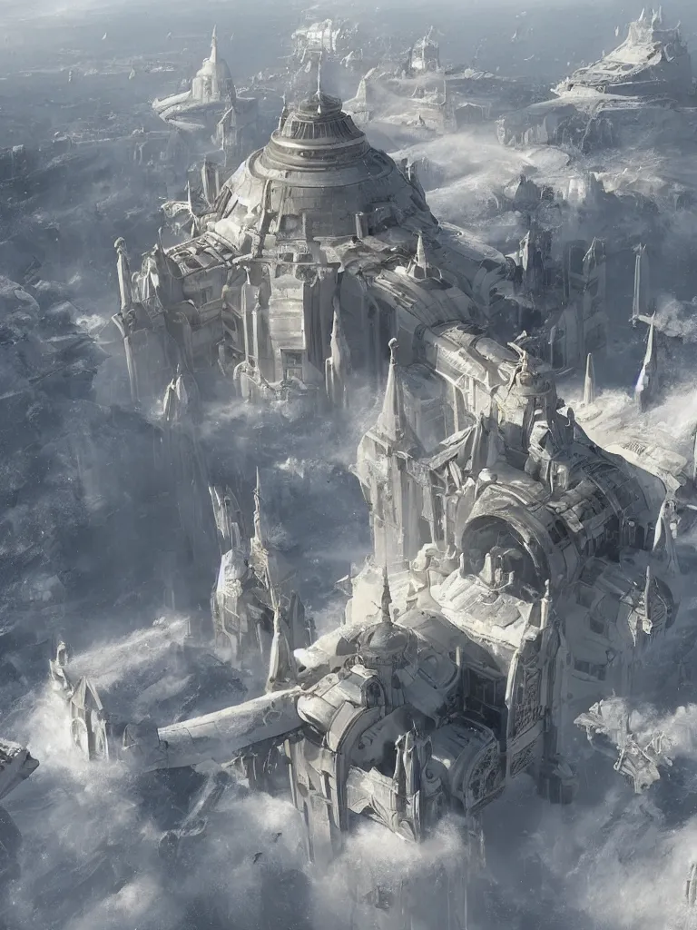 Image similar to a large dieselpunk spaceship is standing in the air over a splendid white church in russia, full morning sun, matte painting by craig mullins, greg rutkowski, james gurney